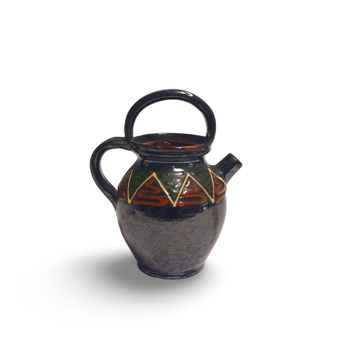 French antique ceramic pot, dark blue glaze with triangular painted motifs, two handles