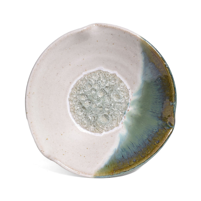 Handmade 7" Pinched Rim Bowl with Crackled Fused Glass by Dock 6 Pottery, White Pearl, Each One Unique