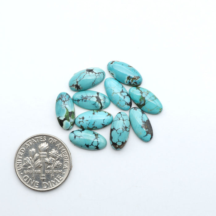 Hubei Cloud Mountain Turquoise cabochons, blue and green color with black matrix, polished stones on a white background with a US dime for scale