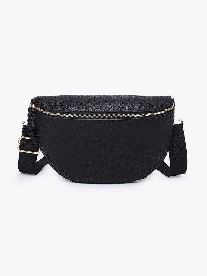 Janae Whipstitch Crossbody Sling Bag in black — women's vegan leather crossbody with braided zipper pull and back zip pocket