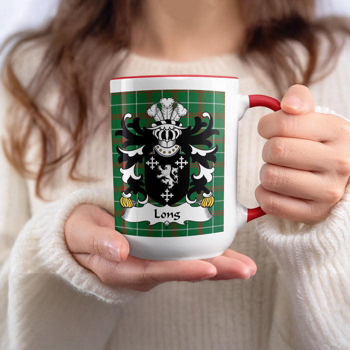 White mug with red handle and trim featuring the Long family crest and tartan.