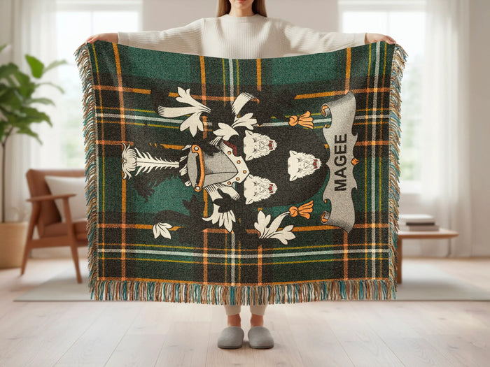 Magee woven blanket size guide for 52 by 37, 60 by 50, and 80 by 60 inches.
