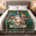 Mahony family crest Irish National Tartan woven blanket displayed on a bed.