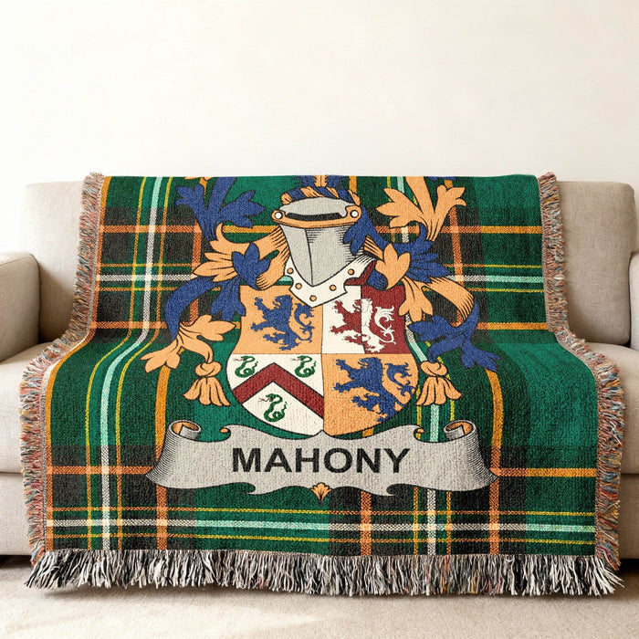 Close view of the Mahony family crest woven into Irish National Tartan cotton fabric.