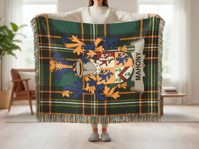 Mahony woven blanket size guide for 52 by 37, 60 by 50, and 80 by 60 inches.