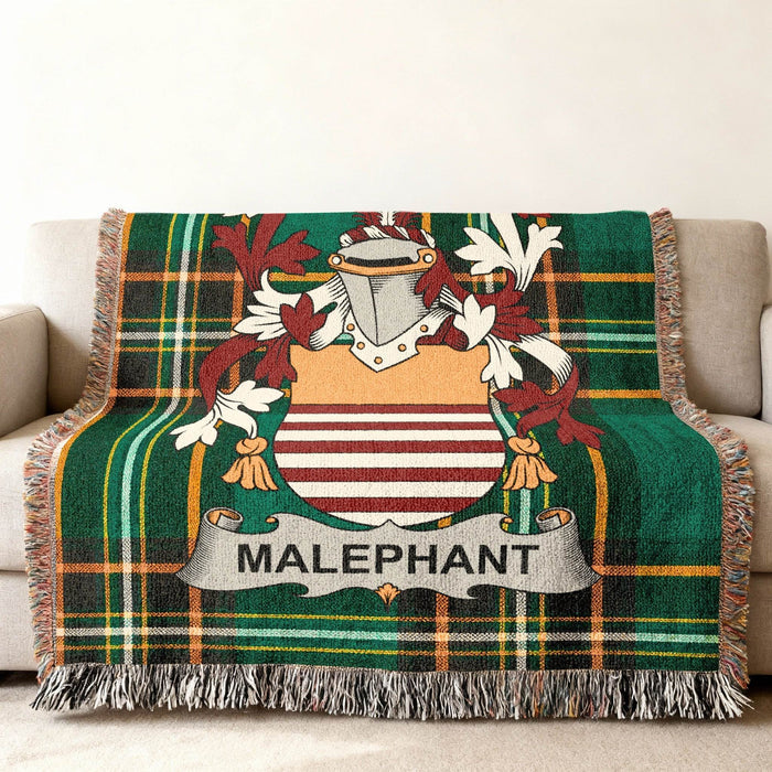 Tartan throw blanket with MalepHANT crest centered on green and red plaid.