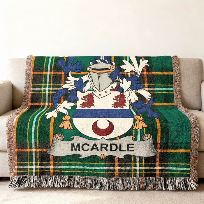 Green plaid throw blanket featuring the McArdle family crest.