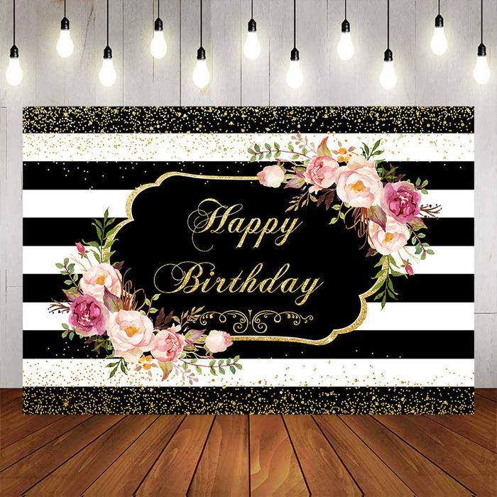 Mocsicka Stripes Flowers and Gold Gots Happy Birthday Party Supplies-Mocsicka Party