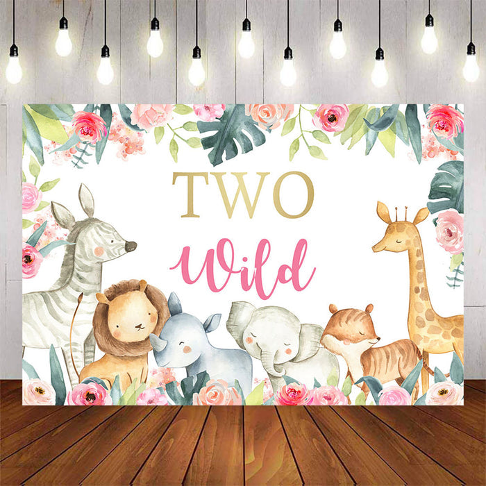 Mocsicka Wild Animals Flowers and Plam Leaves 2nd Happy Birthday Back Drop-Mocsicka Party