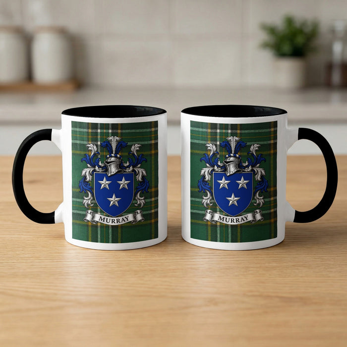 Pair of Murray Irish National Tartan family crest mugs with black handles and rims