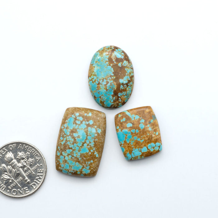 Three turquoise stones with brownish hues on a white background, one next to a U.S. quarter for size comparison. Number 8 Turquoise Cabochons have been selected for their quality and unique appearance. Don't miss the chance to add a one-of-a-kind piece to your collection.