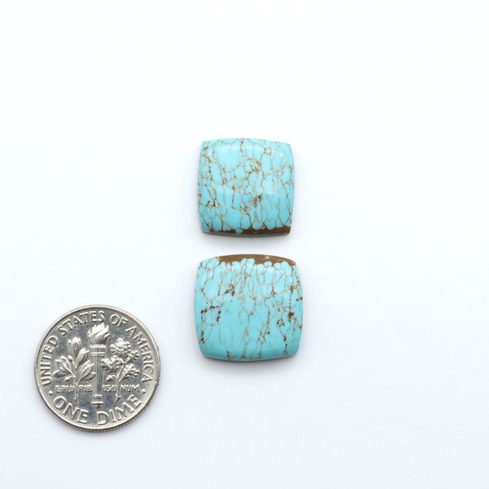 Number 8 Turquoise cabochons, blue and green color with brown matrix, polished stones on a white background, with a US dime for scale