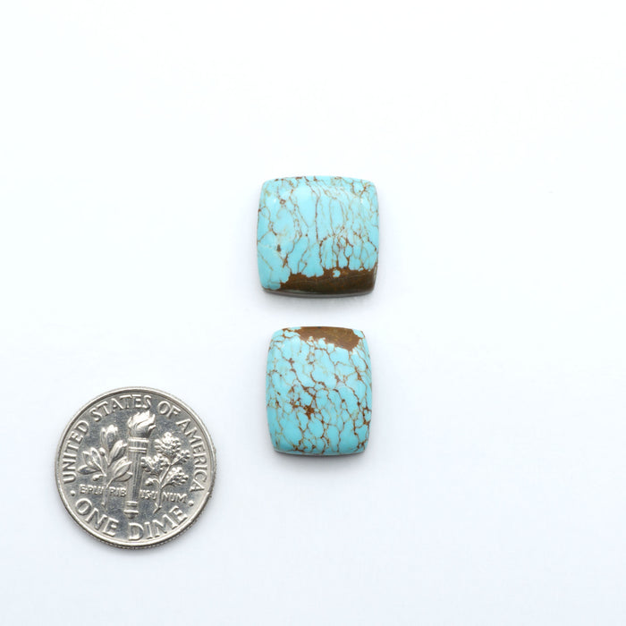 Number 8 Turquoise cabochons, classic color with distinctive matrix, polished stones on a white background with a US dime for scale