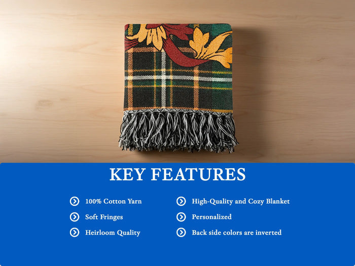 Green, gold, and maroon plaid blanket with fringe, featuring key features list.
