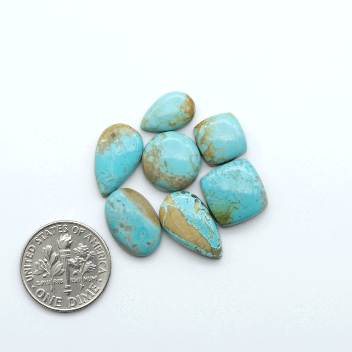 Pilot Mountain Turquoise cabochons, blue-green gemstones with natural matrix on a white background with a US dime for scale