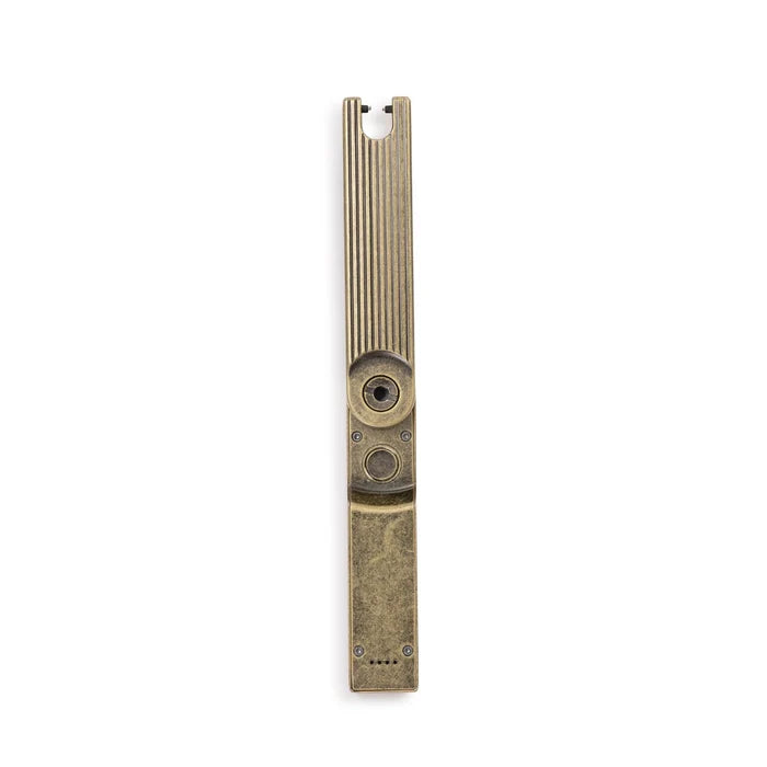 Brushed gold arc lighter with striped body and circular ignition wheel detail