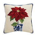 Poinsettia Holiday Chinoiserie 16" Square Hooked Wool Throw Pillow, Artwork by Sally Eckman Roberts