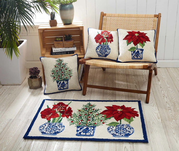Poinsettia Holiday Chinoiserie 16" Square Hooked Wool Throw Pillow, Artwork by Sally Eckman Roberts
