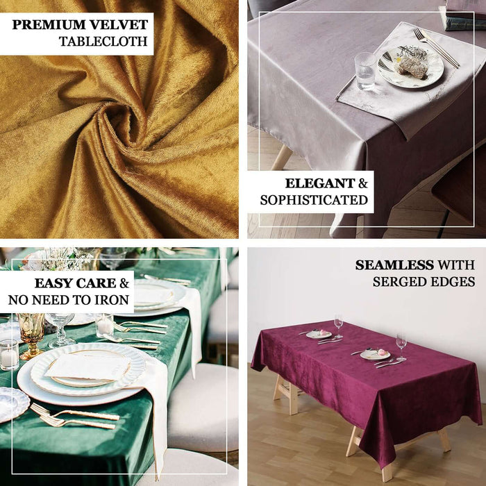 Premium velvet tablecloths in various colors for elegant dining settings.