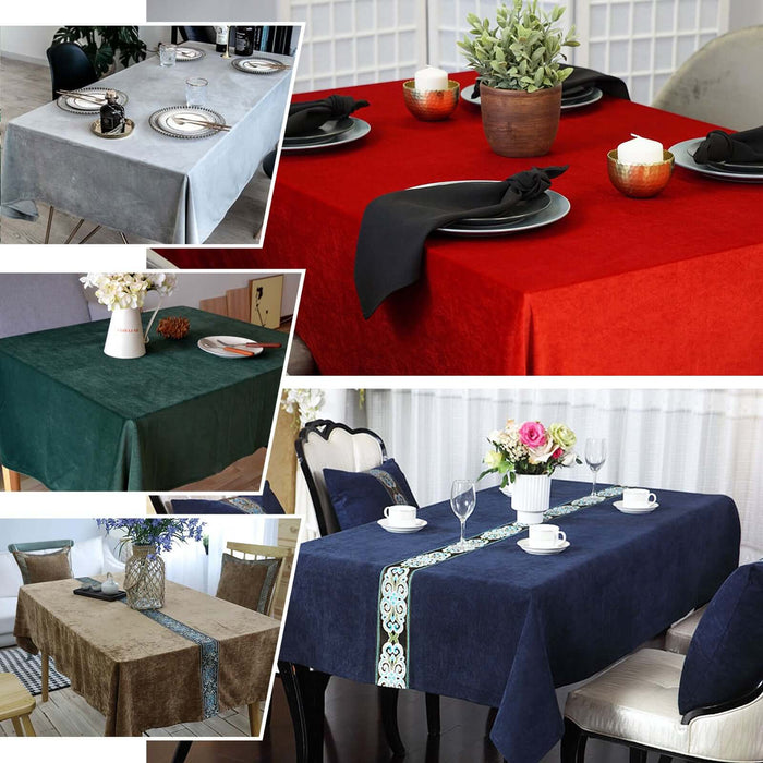 Assorted tablecloths in various colors and styles for dining decor.