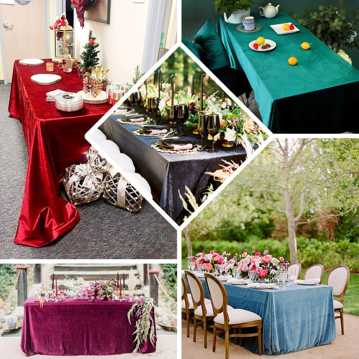 Variety of elegant tablecloths in rich colors for stylish dining setups.