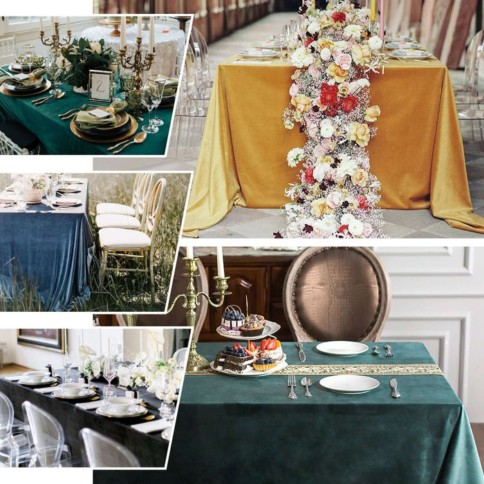 Elegant table settings with various tablecloths and floral arrangements.