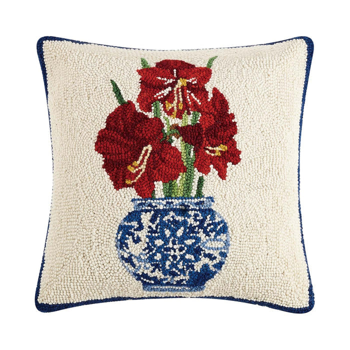 Red Amaryllis Chinoiserie 16" Square Hooked Wool Throw Pillow