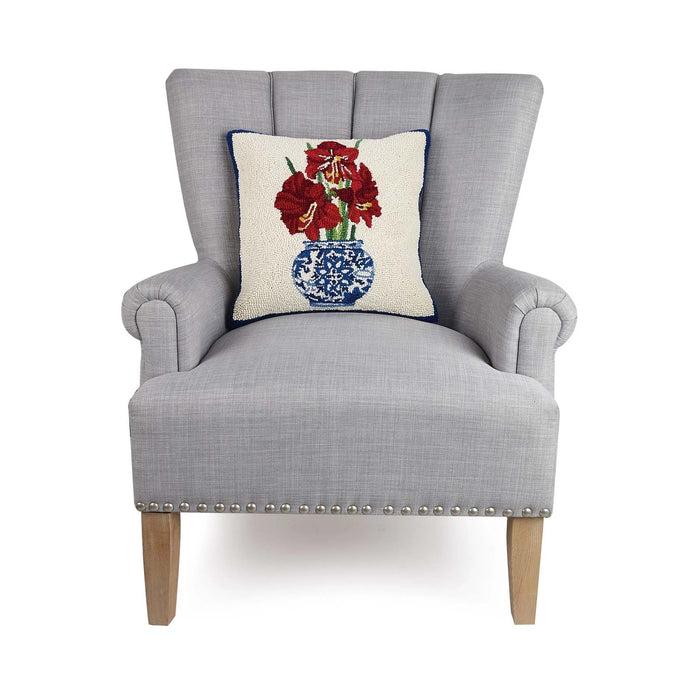 Red Amaryllis Chinoiserie 16" Square Hooked Wool Throw Pillow