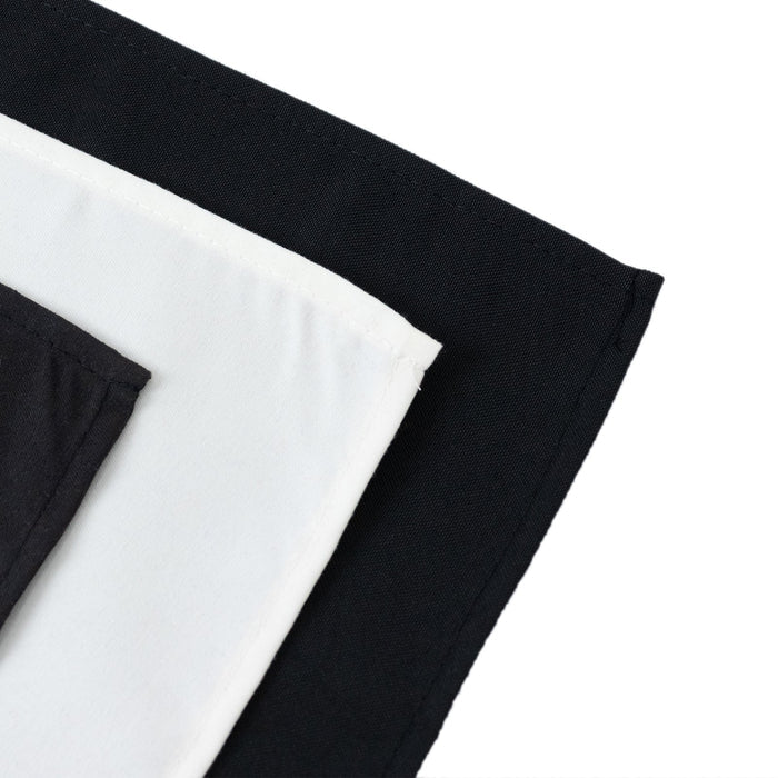 Fabric swatches in black, white, and navy on a plain background.