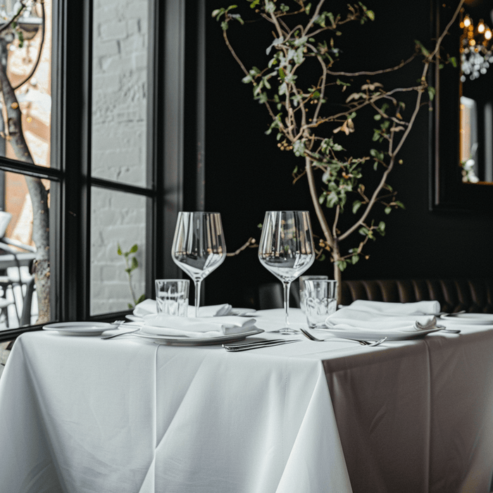Elegant dining table set with wine glasses and white linens in a stylish restaurant.