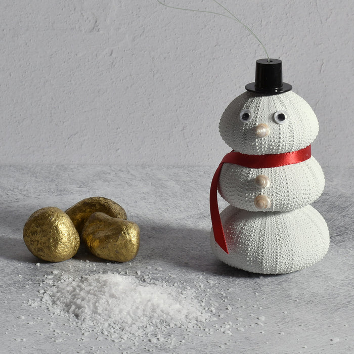 Sea Urchin Snowman Ornament with Red Scarf, Handmade in the USA
