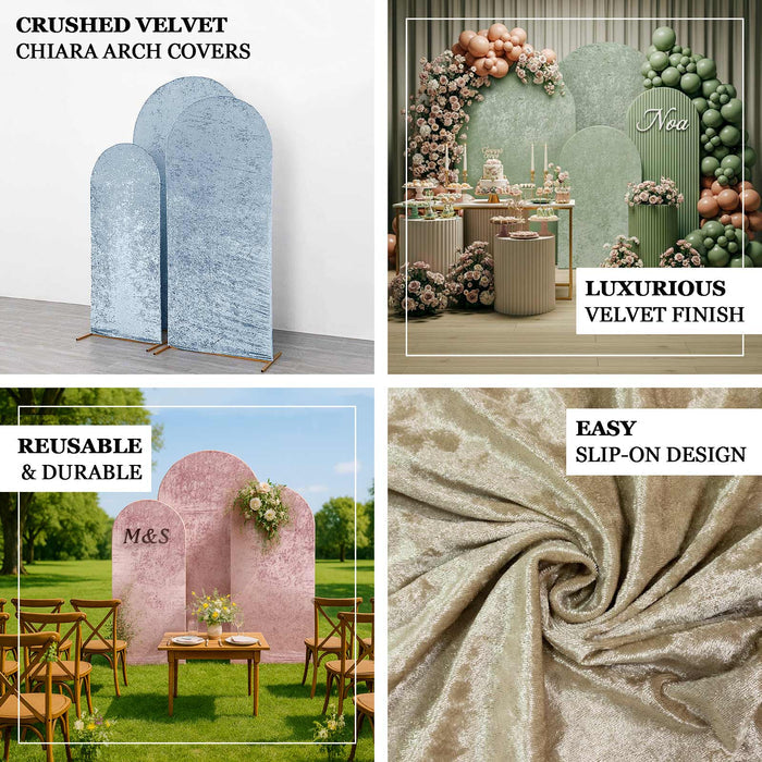 Chiara arch covers in crushed velvet; reusable, durable, easy slip design.