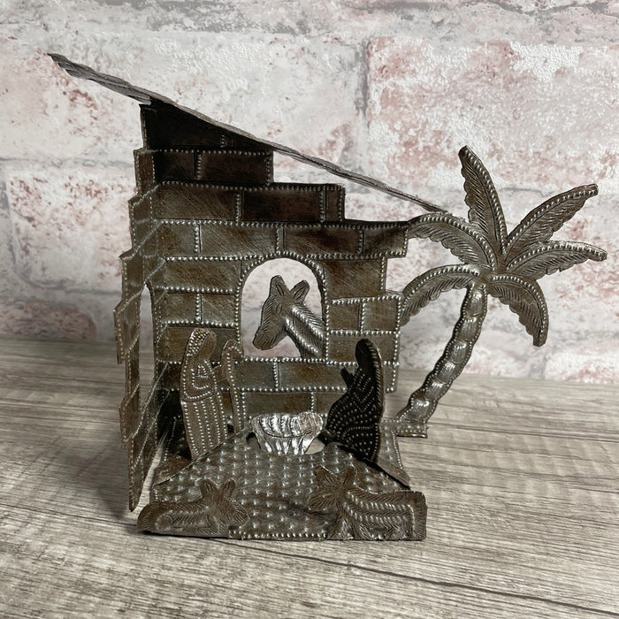 Small Tabletop Nativity Manger Scene Metal Art, Handmade in Haiti by Fair Trade Artisans