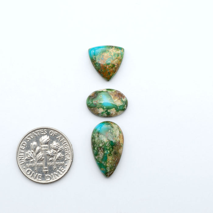 Sonoran Mountain Turquoise cabochons, blue-green color with natural matrix, polished stones on a white background, with a US dime for scale