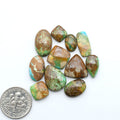 Sonoran Mountain Turquoise cabochons, blue-green color with natural matrix, polished stones on a white background, with a US dime for scale