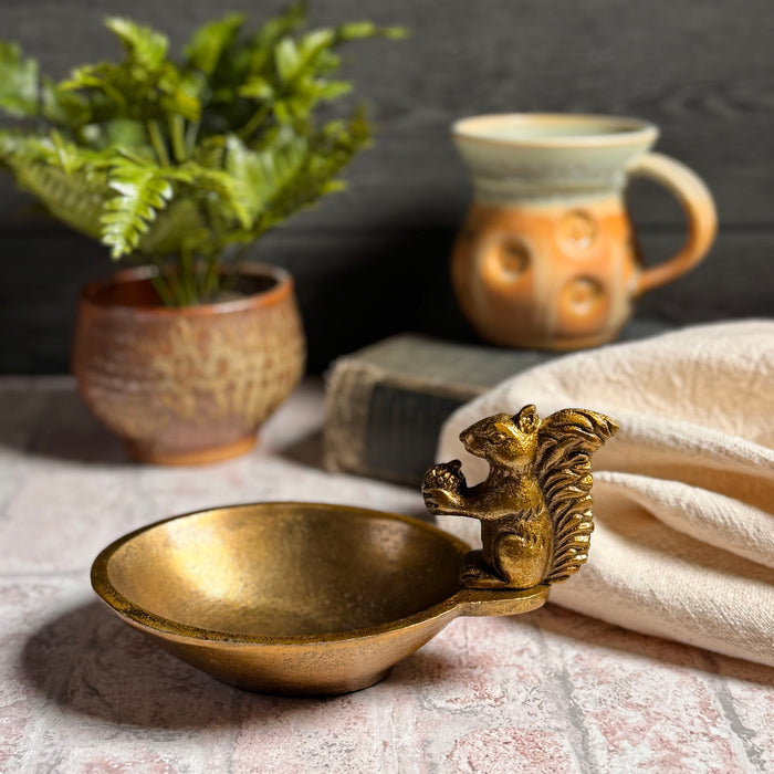 Squirrel with Acorn Cast Metal Decorative Bowl, Antique Brass