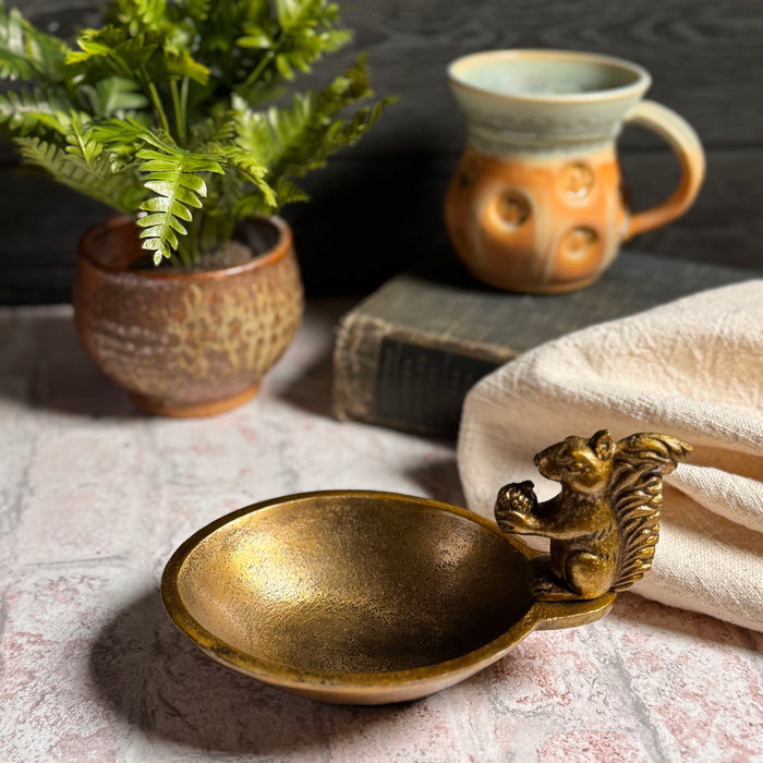 Squirrel with Acorn Cast Metal Decorative Bowl, Antique Brass