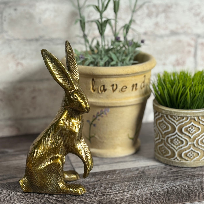 Standing Bunny Rabbit 7" Cast Metal Figurine, Antique Brass