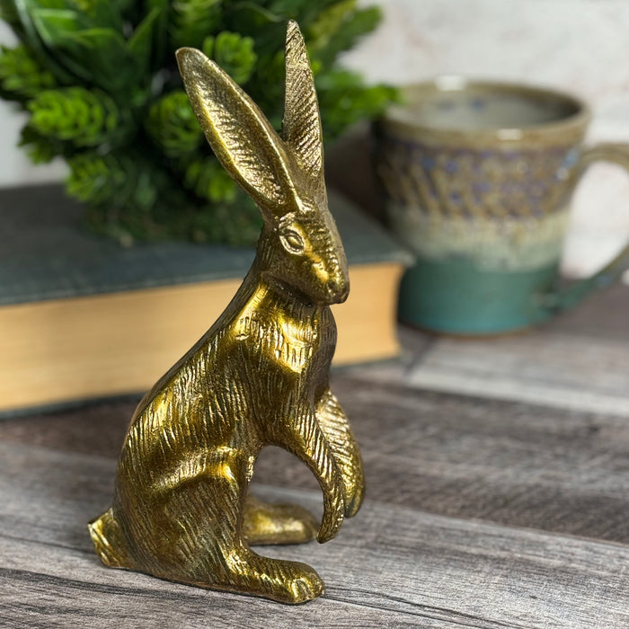 Standing Bunny Rabbit 7" Cast Metal Figurine, Antique Brass