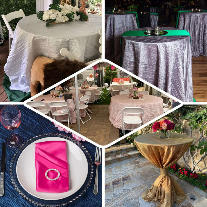 Elegant table settings with various tablecloths and floral arrangements.
