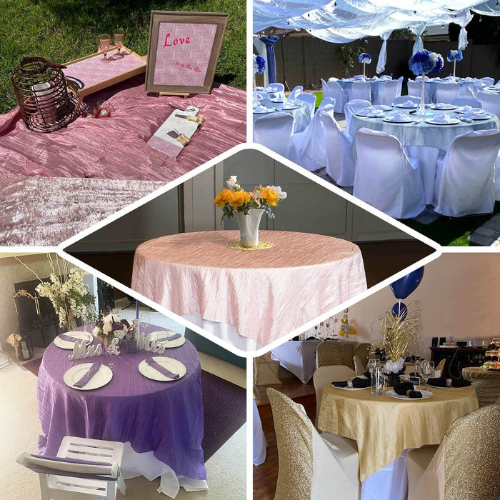 Collection of elegant tablecloths in various colors and settings for event decor.