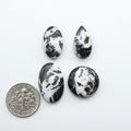 Four black and white marbled stones with a dime for scale on a white background.Natural White Buffalo Stone Cabochons are semi-precious gemstones cut into shapes ideal for jewelry-making, making them an excellent choice for artisans.