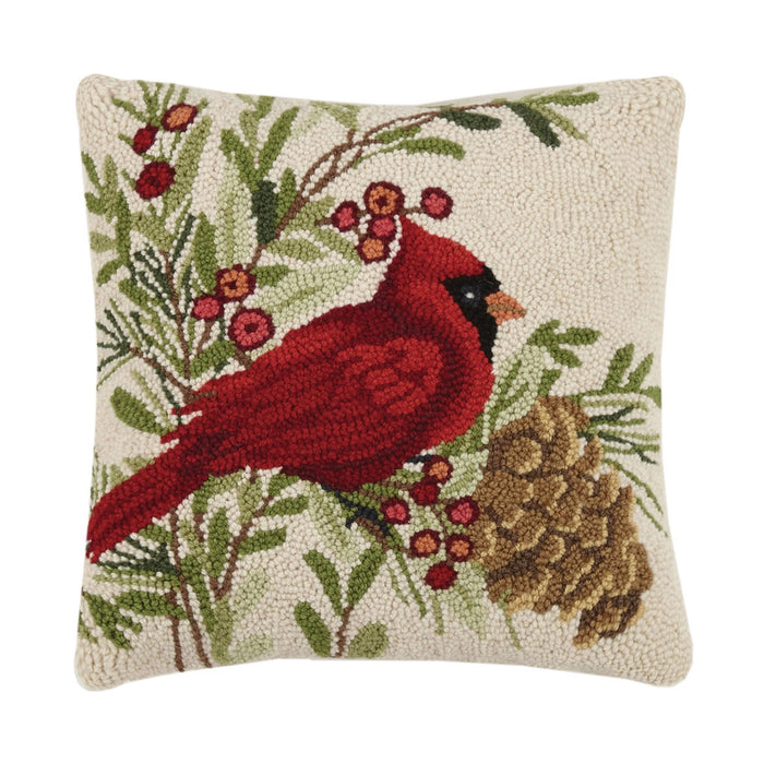 Winter Cardinal by Susan Winget 16" Square Hooked Wool Throw Pillow