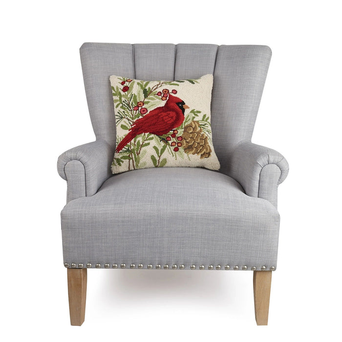 Winter Cardinal by Susan Winget 16" Square Hooked Wool Throw Pillow