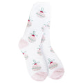 A pair of World's Softest women's white fuzzy crew socks with a repeating pattern of pink cupcakes decorated with green leaves and red bows, shown against a plain white background.